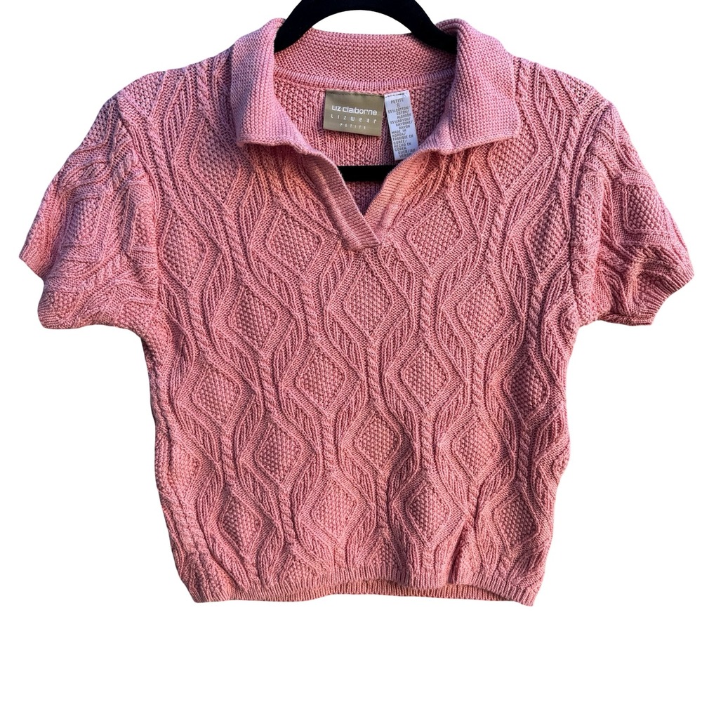 Liz Claiborne Vintage Coquette Preppy Coastal Cable Knit Crop Polo Sweater Pink